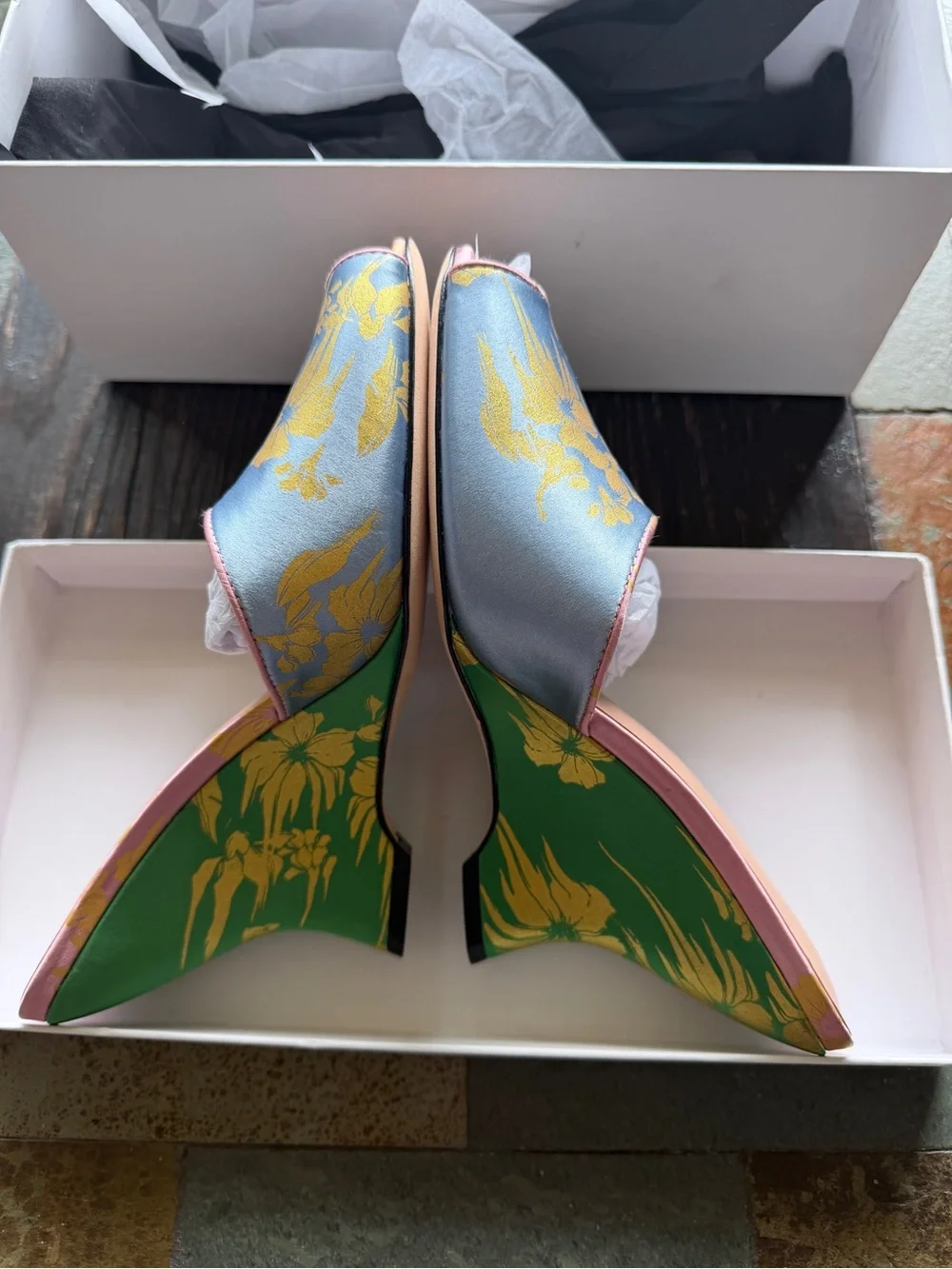 Cynthia Rowley Blue and Yellow Floral Satin Wedge Mules with Pink Trim
